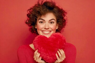 Professional studio image, copy space.  Cute Valentine's Day greeting.  Isolated white adult woman on red background with fluffy heart in hands.