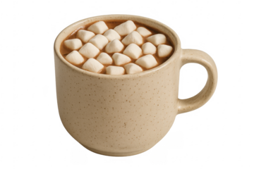 Beige mug brimming with hot chocolate and mini marshmallows on transparent background