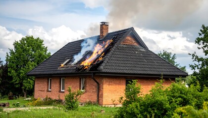 Obraz premium House on fire, flames and smoke rising from roof