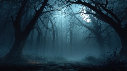 Mystical Moonlight in the Forest: An eerie forest scene illuminated by the ethereal glow of the moon, creating a mysterious and atmospheric ambiance.