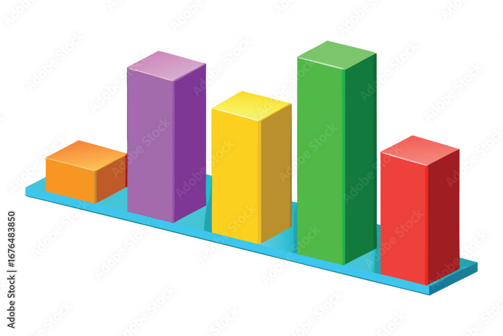 Poster 3d isometric bar chart with five colorful bars on blue base against white background graph data
