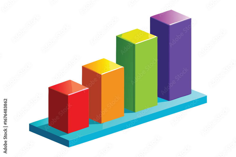 Poster 3d isometric bar chart with four colorful bars on blue base against white background graph data