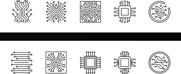 Microchip and circuit board icons set, black and white vector with electronic chip layouts, technology, hardware, innovation illustration