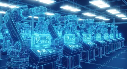 Fototapeta premium Automated Factory Robots Wireframe Design