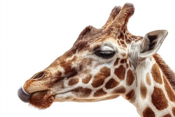 Naklejka premium Close-up profile of a giraffe's head and neck, showing its spotted coat and a visible tongue