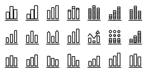 Collection of Black and White Bar Chart Icons Representing Data and Growth graph statistics