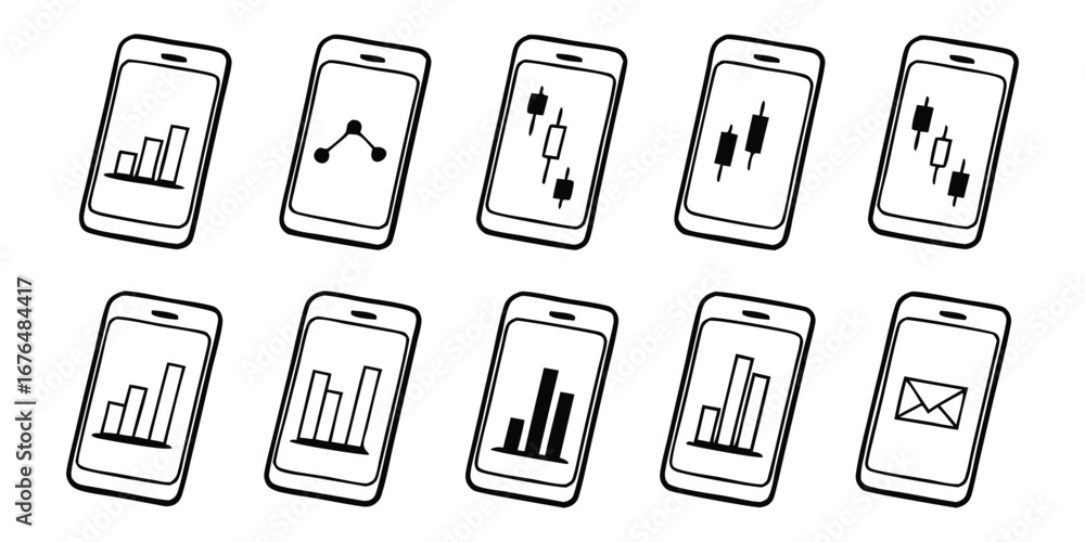 Poster collection of hand drawn smartphone icons displaying financial and data charts mobile phone graph