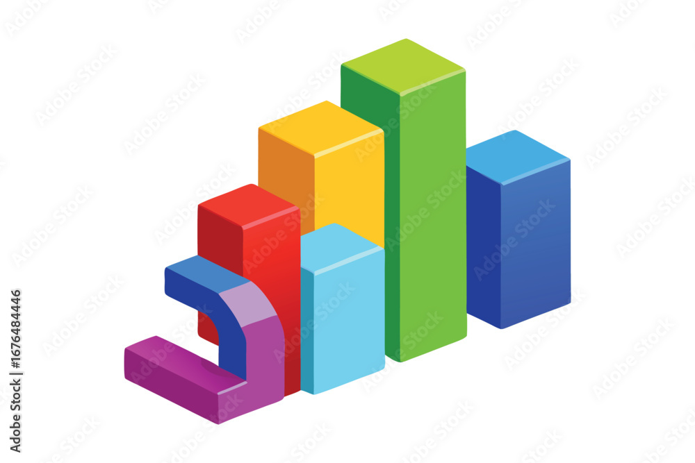 Poster colorful isometric bar chart with abstract shape on white background graph data