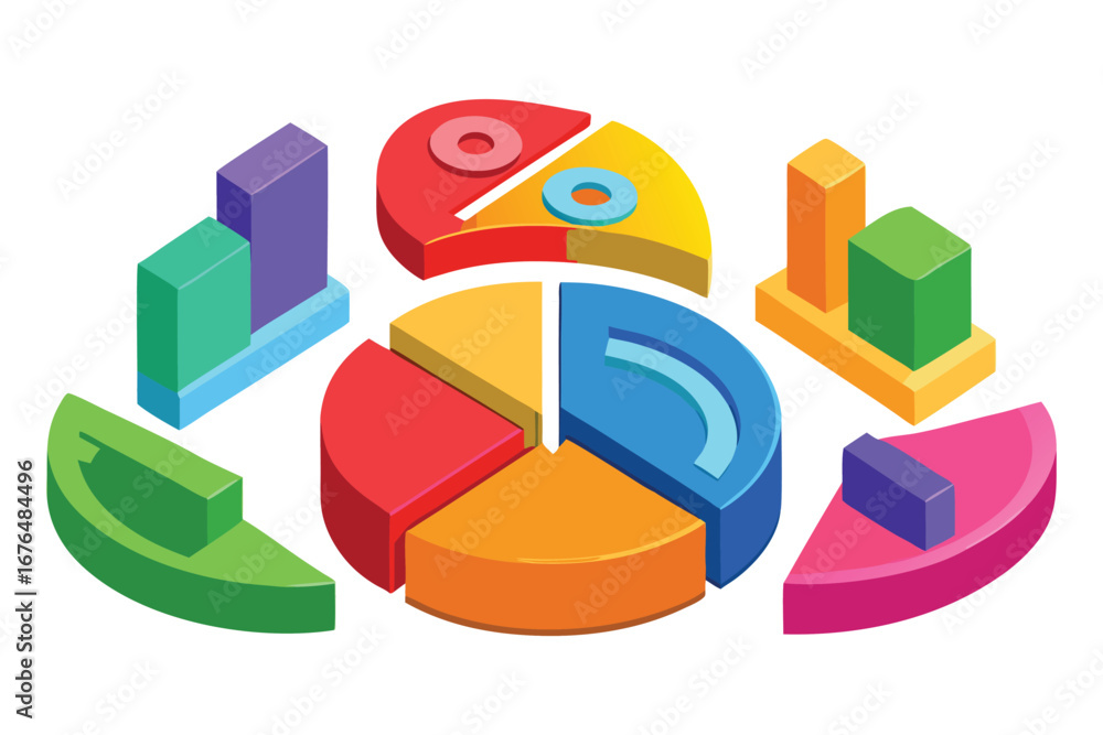 Poster colorful isometric pie chart and bar graphs with data visualization elements infographic