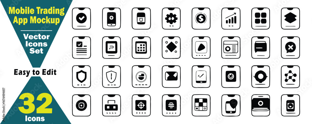 Aufkleber comprehensive vector icon set for mobile trading app featuring 32 unique icons vector icons user int