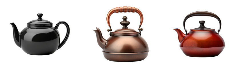 Collection of Three Elegant Decorative Teapots Showcasing Diverse Materials and Designs isolated on transparent background.