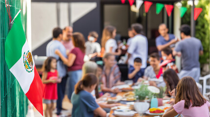 real image patio scene with the Mexico flag proudly displayed, guests enjoying a backyard barbecue party