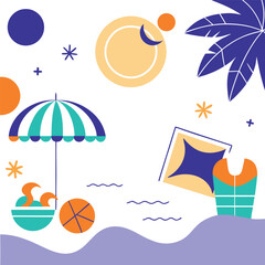 Colorful Summer Beach Vacation Flat Design Elements With Palm Leaf And Umbrella illustration