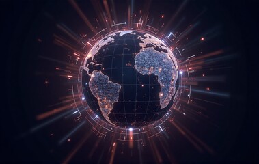 A luminous globe depicts a networked world, with energetic data streams and glowing cities illustrating global digital connectivity.