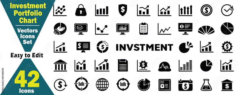 Poster investment portfolio chart vectors icons set with 42 icons graph data