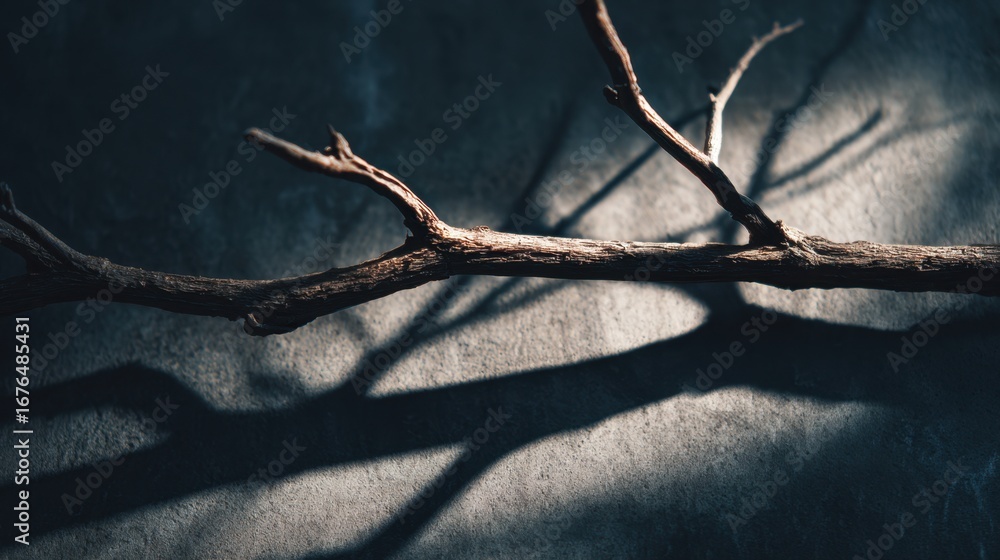 Poster branch silhouette: artistic view of a single, bare branch casting long shadows on a textured surface