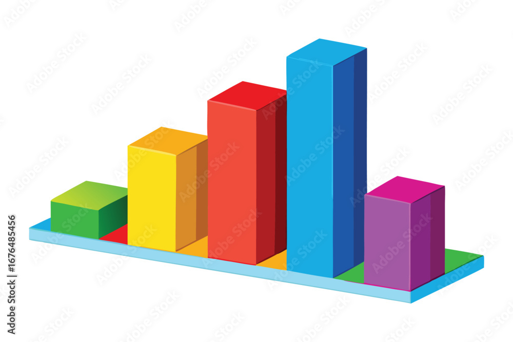 Poster isometric bar chart with five colorful bars and upward trend on blue base graph data