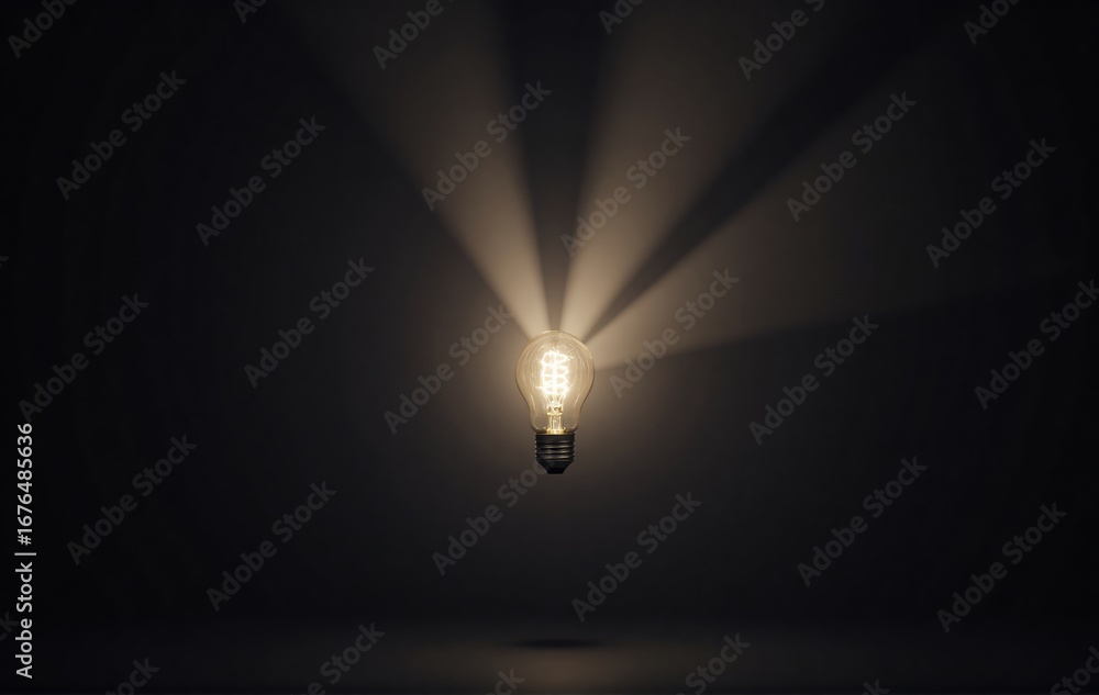 Poster a luminous light bulb shines brightly, casting rays through a dark void. it symbolizes a brilliant i