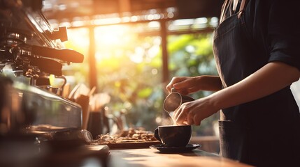A barista expertly prepares a coffee drink, pouring steamed milk into a dark-hued cup. The warm lighting and soft focus enhance the cafe's ambiance.