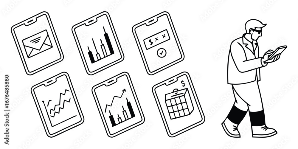 Aufkleber man walking while using tablet surrounded by mobile phone screens with financial charts and icons