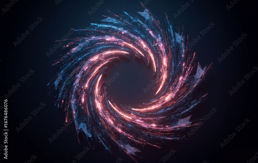 Poster a vibrant abstract vortex of glowing blue and red particles swirling on a dark background, creating 