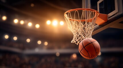 Fototapeta premium A basketball ball gracefully enters the hoop in a brightly lit arena.