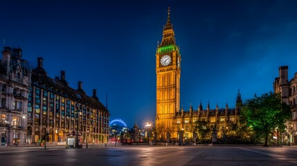 Fototapeta premium Majestic Big Ben and Houses of Parliament at twilight, bathed in golden hues, showcasing a vibrant cityscape at night.