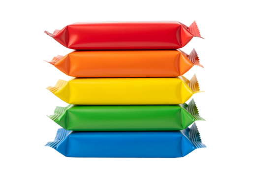 A stack of colorful, brightly colored, and vibrant plastic packaging displays a spectrum of rainbow hues.