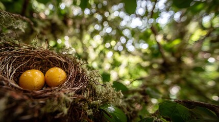 Two vibrant yellow bird eggs nestled securely within a delicate woven nest, high amongst the lush greenery of a forest canopy.