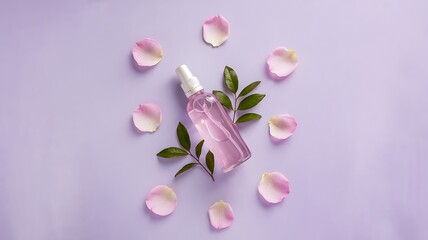 Pink Gel Bottle with Rose Petals and Leaves on Pink Background