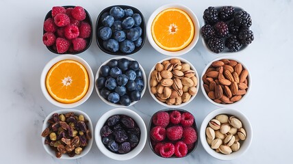 Healthy Snack Flatlay: Nuts and Berries in Bowls
