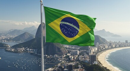 Brazilian flag waving majestically on a flagpole, with the iconic cityscape of Rio de Janeiro in the background, featuring Sugarloaf Mountain and Christ the Redeemer, on a clear, sunny day.