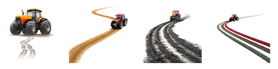 Agricultural Machinery Working on Fields and Roads isolated on transparent background.