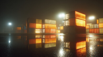 floodlit port at night with containers reflecting water cinematic long exposure illustration concept scene visual for commercial design use high detail quality stock image illustration concept scene