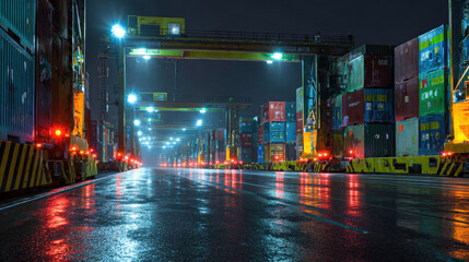 floodlit port at night with containers reflecting water cinematic long exposure illustration concept scene visual for commercial design use high detail quality stock image illustration concept scene