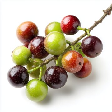 Isolated on bright white background, fresh bignay fruit cluster (Antidesma ghaesembilla) with gradient ripeness green, red, and deep purple berries on a twig. Ultra-sharp detail