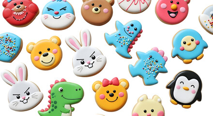 Naklejka premium Assorted Animal Cookies Displayed on Transparent Background, Featuring Bear, Rabbit, Dinosaur