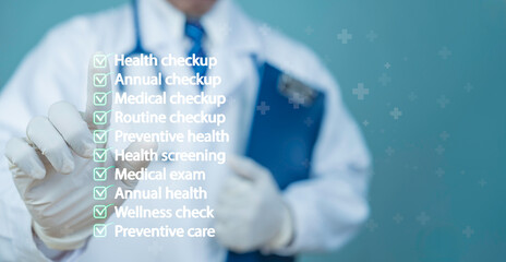 Doctor pointing checklist health checkup medical exam preventive care annual wellness screening...