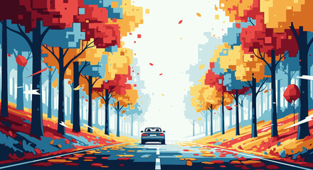 A car drives down a scenic road lined with colorful autumn trees in a vibrant, stylized digital art illustration. © Narash