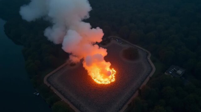 Aerial top down view fire smoke burning