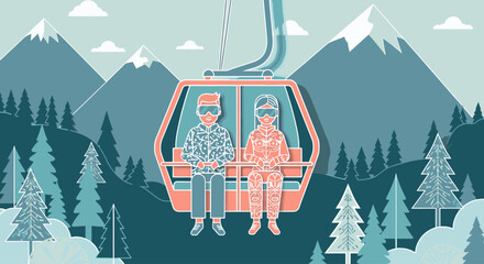 Illustration of two people in ski goggles riding a gondola lift up a snowy mountain range with pine trees. © Narash