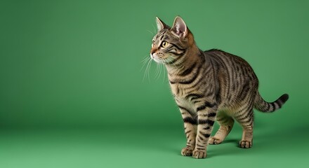 Obraz premium A tabby cat with distinctive stripes stands alert against a plain green background, looking off to the side.