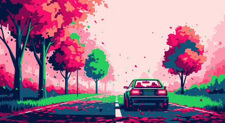A pixel art illustration of a retro car driving down a scenic road lined with vibrant pink and green trees. © Narash