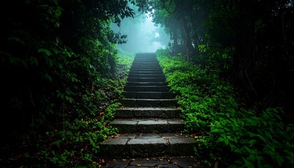 Misty steps leading through a lush forest