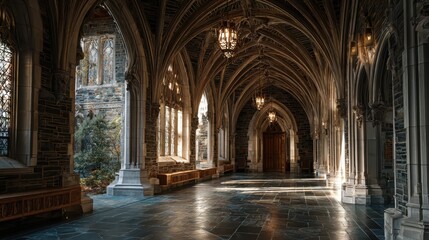 Architectural beauty of a gothic-style corridor with stained gla