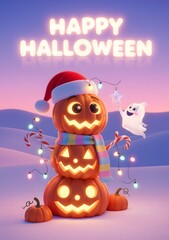 Fototapeta premium Festive Halloween Scene with Pumpkin Stack, Ghost, and Christmas Hat