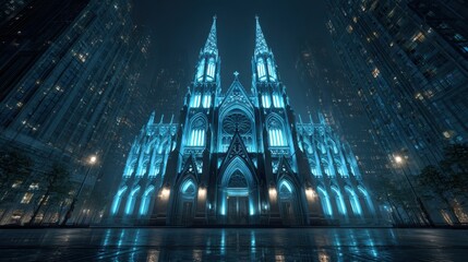 Illuminated gothic cathedral in a futuristic urban setting at ni