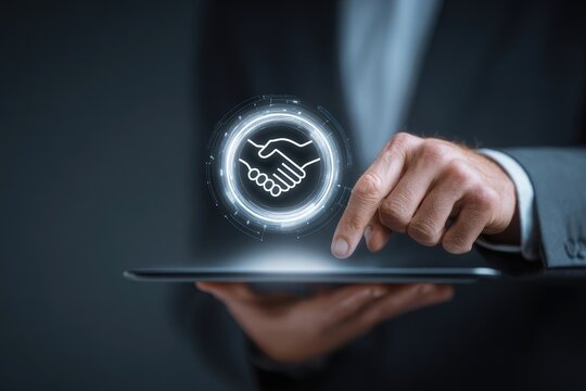 Businessman holding tablet with digital handshake icon