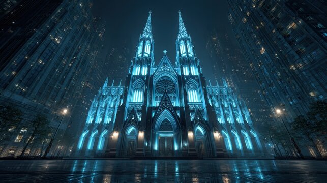 Illuminated gothic cathedral in a futuristic urban setting at ni