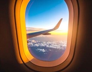 Airplane window view of sunrise over clouds